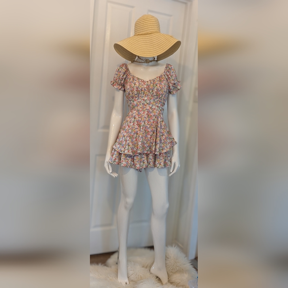 Floral Ruffle Mini Skort Dress with Puff Sleeves, Size Small